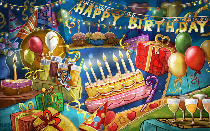 Happy Birthday wallpaper, birthday, pie, gifts, HD wallpaper