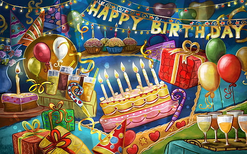 Sfondo di buon compleanno, compleanno, torta, regali, Sfondo HD HD wallpaper