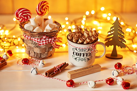 Speisen, Marshmallow, Süßigkeit, Weihnachten, Tasse, Dezember, Lutscher, Stillleben, HD-Hintergrundbild HD wallpaper