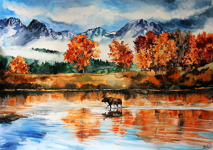 Artistic, Watercolor, Elk, Fall, Lake, Mountain, Nature, Painting, Reflection, HD wallpaper