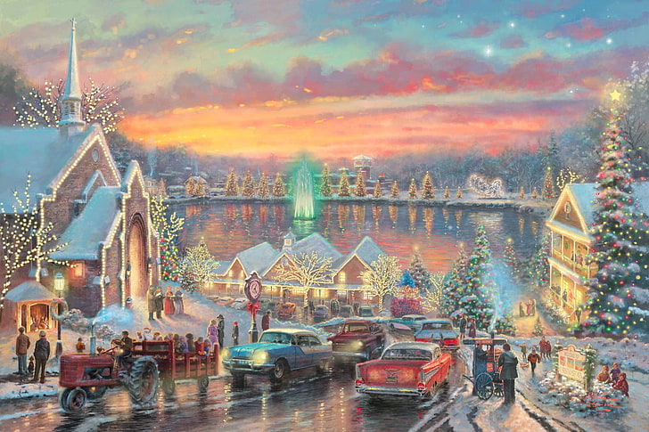 christmas village illustration, road, machine, lights, river, holiday, street, watch, tree, home, spruce, the evening, Christmas, Church, New year, fireworks, USA, town, painting, garland, colorful, Thomas Kinkade, North Carolina, South Fork, Christmastown, McAdenville, The Lights of Christmastown, HD wallpaper