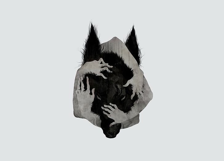 hands on head, wolf, minimalism, simple background, artwork, werewolves, hands, HD wallpaper
