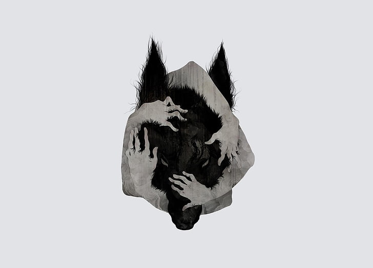 black wolf clip art, werewolves, hands on head, wolf, artwork, simple background, hands, minimalism, HD wallpaper