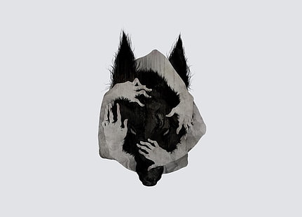 black wolf clip art, werewolves, hands on head, wolf, artwork, simple background, hands, minimalism, HD wallpaper HD wallpaper