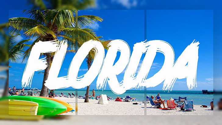 Florida, pantai, geometri, kabur, tipografi, sinar matahari, musim panas, pohon-pohon palem, horizon, Wallpaper HD