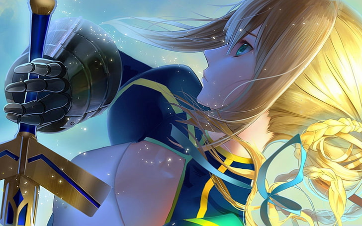 Kobieta ze złotymi włosami trzymająca miecz Tapeta, Seria Fate, Fate / Stay Night, Anime, Sabre (Seria Fate), Tapety HD