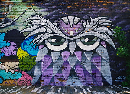 arte da parede da coruja, coruja, grafite, arte, parede, arte de rua, HD papel de parede HD wallpaper