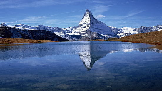 matterhorn, swiss alps, langit, pantulan, danau, alps, gunung, puncak, zermatt, switzerland, eropa, refleksi, Wallpaper HD HD wallpaper