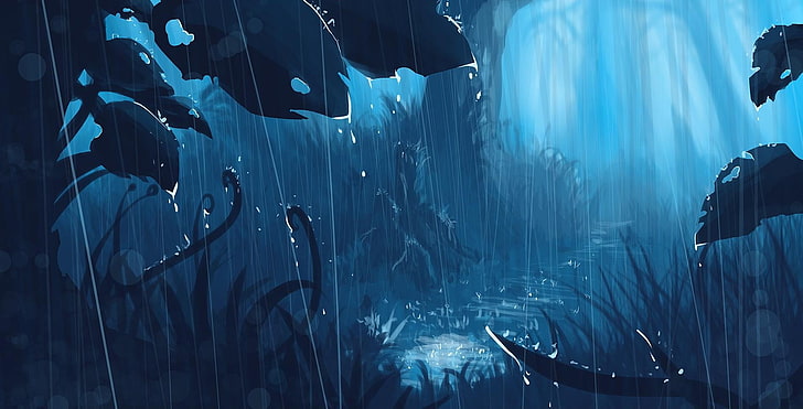 Regentropfenmalerei, Anime, Landschaft, Fantasiekunst, Regen, Grafik, Cyan, Blau, Wald, HD-Hintergrundbild