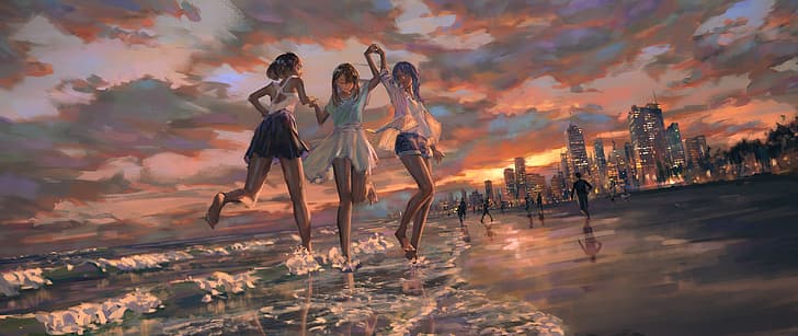 Anime girls, original characters, beach, sunset, HD wallpaper |  Wallpaperbetter