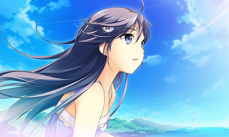 gentle girl in breeze of nice & sunny day, beach, long-hair, pretty-girl, blue-eyes, blue-sky, violet-hair, anime, HD wallpaper