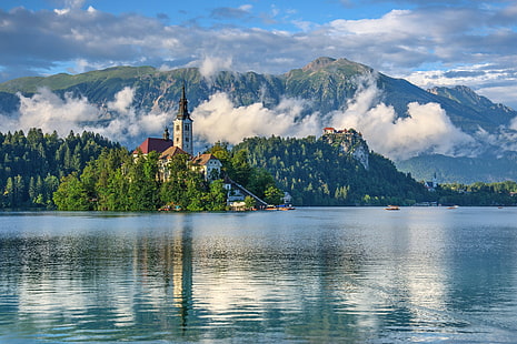 lake, island, church, Slovenia, landscape, clouds, water, Lake Bled, HD wallpaper HD wallpaper