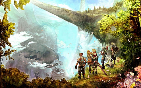 pintura da capa do jogo, Xenoblade Chronicles, arte da fantasia, penhasco, Xenoblade, HD papel de parede HD wallpaper