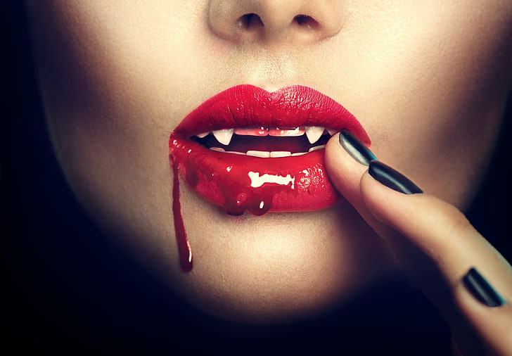 visage, sang, vampires, femmes, lèvres, ongles peints, Fond d'écran HD