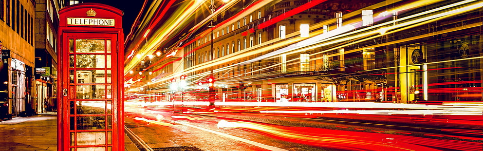 3840x1200 px City Lights Londyn Długa ekspozycja Wiele wyświetlaczy Noc Telefon Box ulica Samoloty Przestrzeń HD Art, STREET, noc, miasto, światła, londyn, długa ekspozycja, wiele wyświetlaczy, 3840x1200 px, budka telefoniczna, Tapety HD HD wallpaper