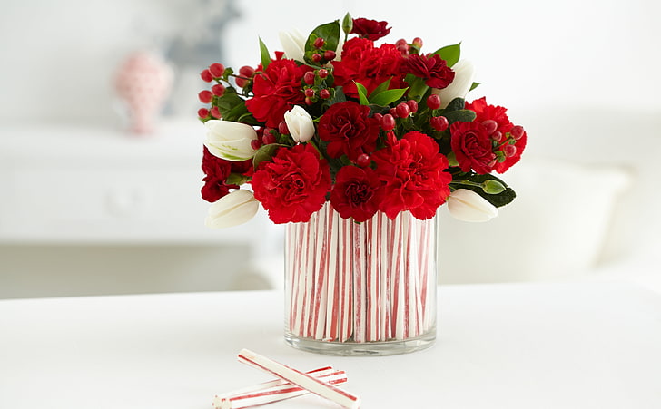 Candy Cane Centerpiece, red and white flowers centerpiece, Holidays, Christmas, Tulips, Beautiful, Flowers, Table, Candy, Present, Wreath, Romantic, Setting, Painting, Gift, Paint, Canes, floral, Carnations, Fancy, Craft, indoor, decorations, Decor, jars, mason, crafty, decorating, HD wallpaper