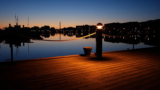 brown wooden dock, city, night, pier, lights, HD wallpaper HD wallpaper