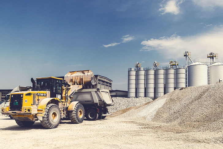 clouds, daytime, equipment, excavator, gravel, heavy, heavy equipment, industrial area, large, loader, machine, machinery, outdoors, power, silos, sky, soil, technology, truck, vehicle, work, HD wallpaper