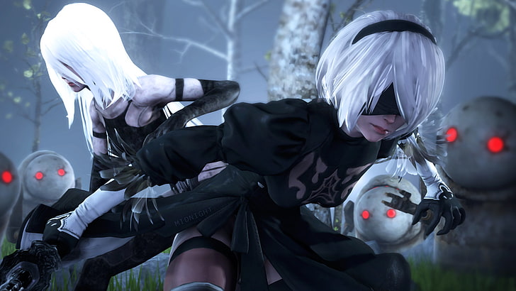 two white-haired female anime characters, 2B (Nier: Automata), fan art, A2 (Nier: Automata), Nier: Automata, NieR, HD wallpaper