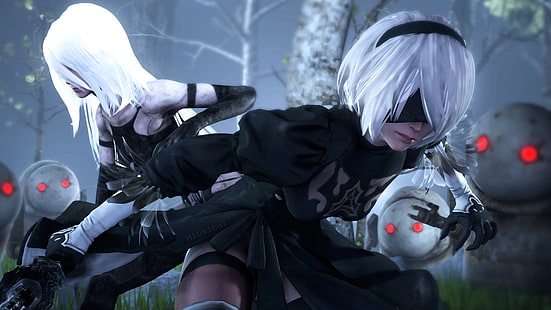 two white-haired female anime characters, 2B (Nier: Automata), fan art, A2 (Nier: Automata), Nier: Automata, NieR, HD wallpaper HD wallpaper