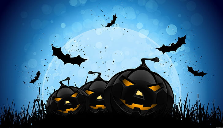 3 pumpkin in bats, bat and pumpkin lamp poster, pumpkin, halloween, bats, cartoon, celebration, HD wallpaper