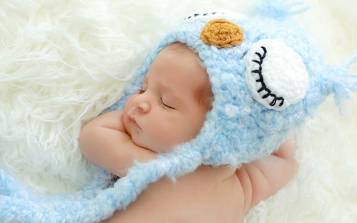 bébé, bleu, chapeau, hibou, dormir, Fond d'écran HD