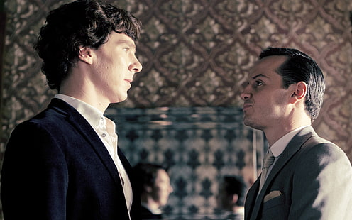 jaket jas kerah berlekuk hitam pria, lihat, seri, Benedict Cumberbatch, Sherlock, Jim Moriarty, Andrew Scott, Wallpaper HD HD wallpaper