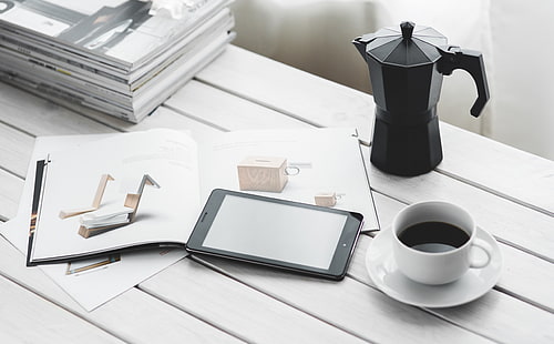 Tablet and Coffee, white ceramic mug, Computers, Others, White, Black, Desk, Coffee, Digital, Device, Work, Working, Technology, Computer, Magazine, tablet, workspace, digital tablet, magazines, working space, HD wallpaper HD wallpaper
