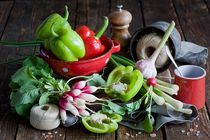 food, garlic, pepper, radishes, Anna Verdina, sweet pepper, HD wallpaper