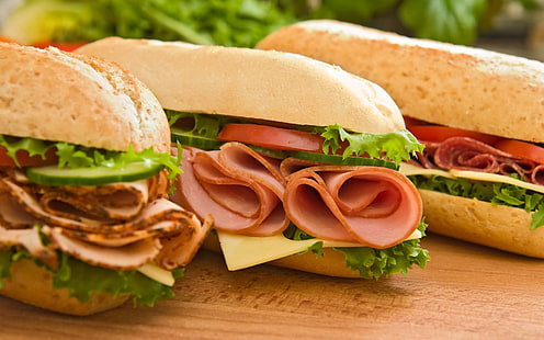 три различни сандвичи, кифли, сандвичи, месо, сирене, зеленчуци, HD тапет HD wallpaper