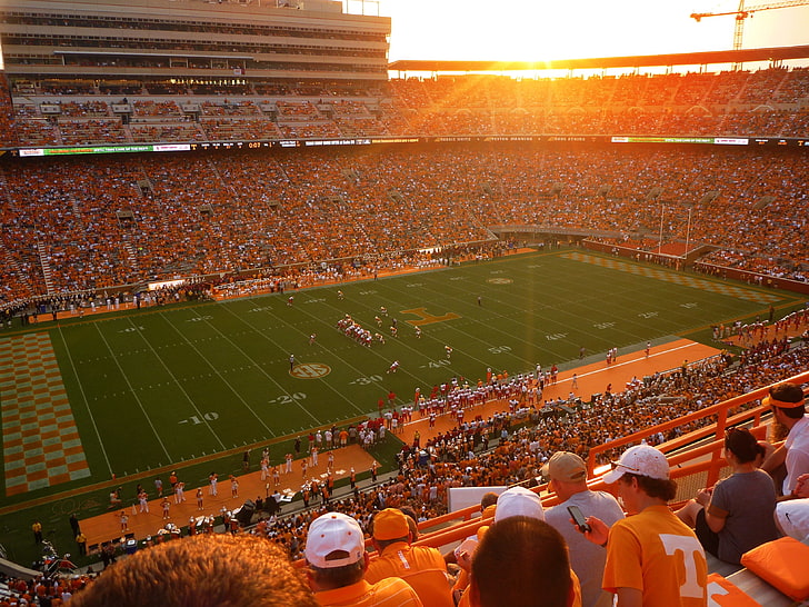 American football, arena, stadium, crowds, orange, sunset, HD wallpaper