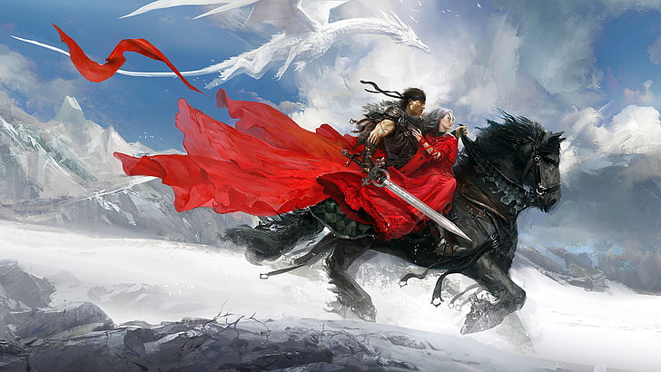 dragon flying above man and woman riding horse illustration, girl, dragon, warrior, Art, horse riding, mountains snow, HD wallpaper