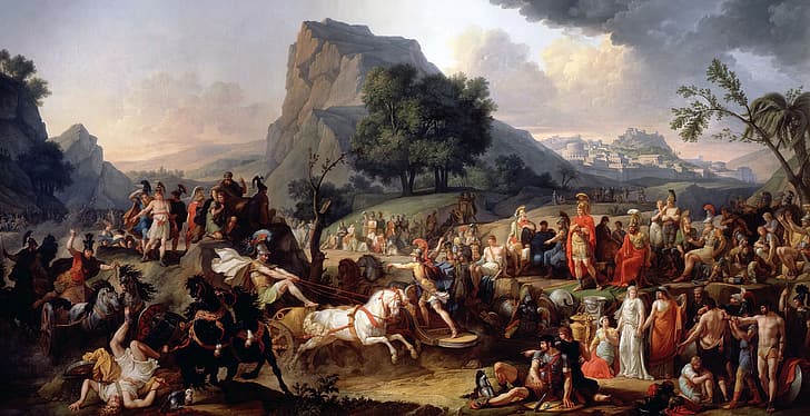 Jogos em homenagem a Patroclus durante seu funeral, Carle Vernet, Pátroclo, Aquiles, mitologia grega, arte clássica, pintura, HD papel de parede
