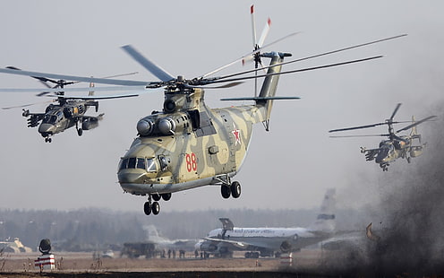 黒と灰色の複合弓、ヘリコプター、軍用機、カモフka-52「黒」、ミルMi-23、軍、車両、 HDデスクトップの壁紙 HD wallpaper