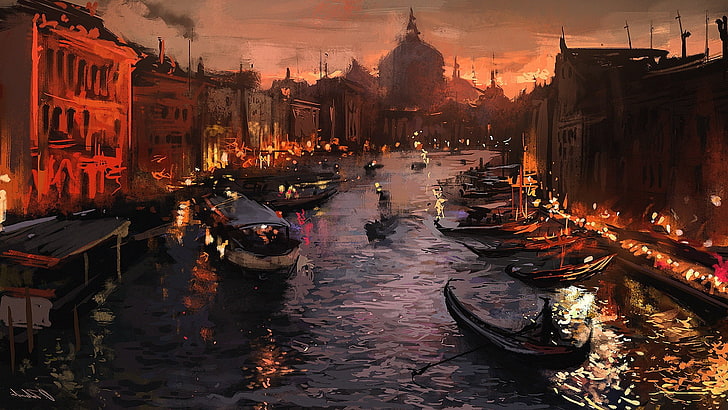 Obra de arte, góndolas, Italia, pintura, río, Venecia, Fondo de pantalla HD