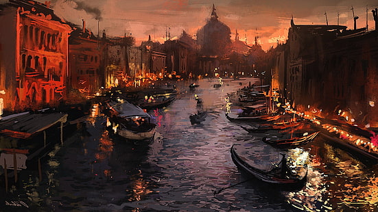 konstverk, gondoler, Italien, målning, flod, Venedig, HD tapet HD wallpaper