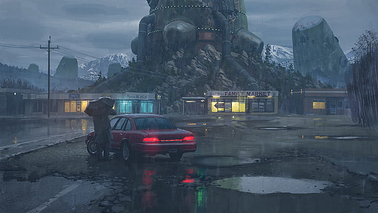 coche, apocalíptico, Simon Stålenhag, cyberpunk, ciencia ficción, vehículo, paraguas, lluvia, futurista, ilustraciones, Fondo de pantalla HD HD wallpaper