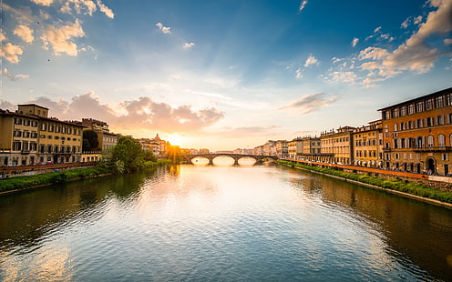 paesaggio urbano, fiume, ponte, costruzione, tramonto, Firenze, Firenze, arno (fiume), Italia, Sfondo HD HD wallpaper