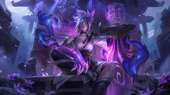  Riven (League of Legends), Riven, spirit blossom, League of Legends, purple background, HD wallpaper HD wallpaper