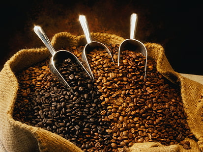 Um saco de grãos de café, grãos de café, saco, café, feijão, HD papel de parede HD wallpaper