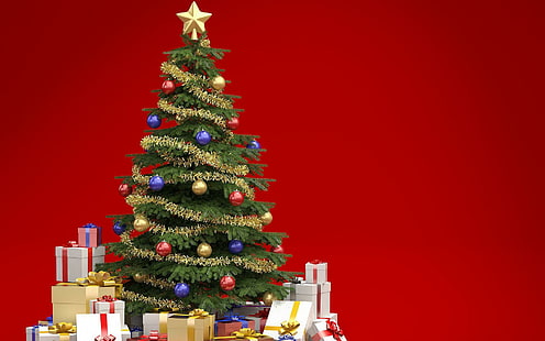 new year, christmas, gifts, fur-tree, red, green, new year, christmas, gifts, fur-tree, green, HD wallpaper HD wallpaper