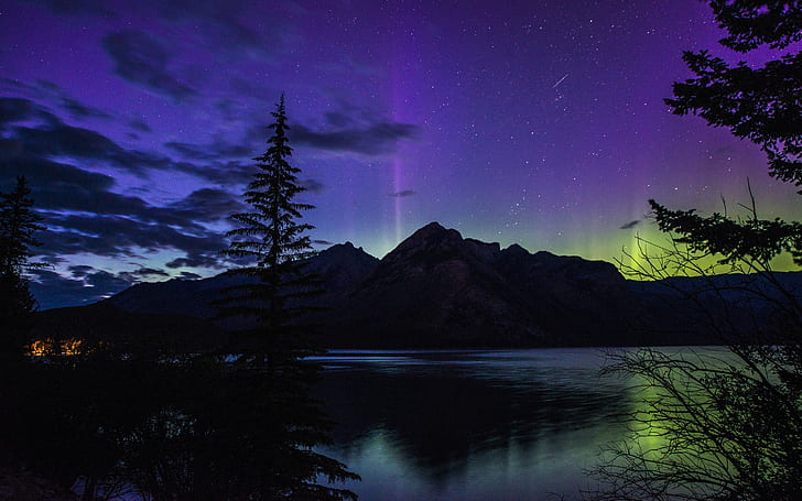 Hermosa noche, Parque Nacional de Banff, Alberta, Canadá, lago, aurora boreal, Hermosa, Noche, Parque Nacional de Banff, Alberta, Canadá, Lago, Norte, Luces, Fondo de pantalla HD
