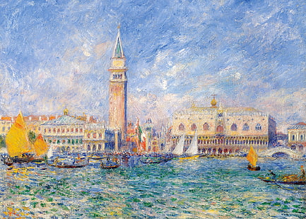 дом, картина, Италия, канал, градският пейзаж, камбанарията, Пиер Огюст Реноар, Дворецът на дожите. Венеция, HD тапет HD wallpaper