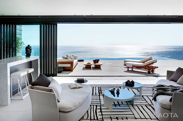 صالة أريكة قماش بيضاء ، في الداخل ، غرفة ، البحر، خلفية HD