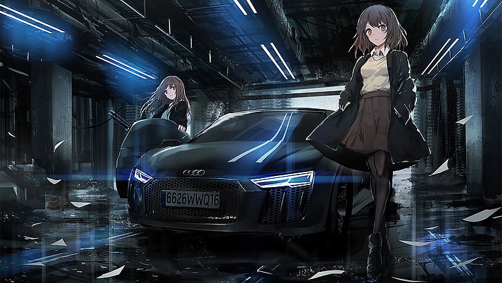 czarne Audi R8 coupe ilustracja, samochód, Audi R8, brunetka, Tapety HD
