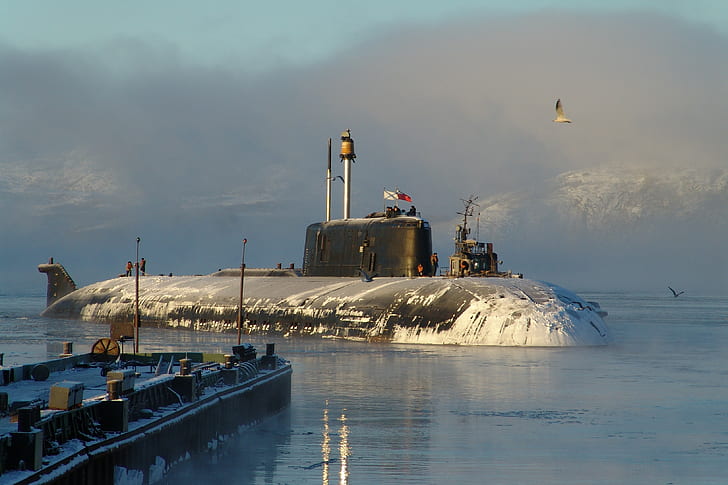 подводная лодка, лед, флаг, транспортное средство, военные, HD обои