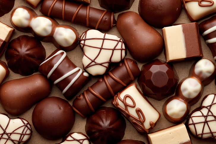 lotto di cioccolato assortito, caramelle, cioccolato, bianco, latte, dolci, Sfondo HD