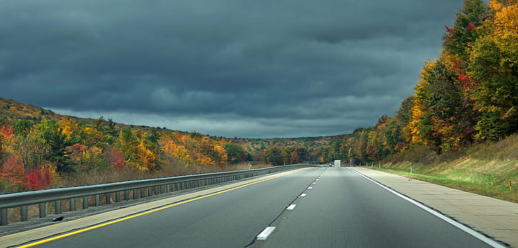 empty concrete road between trees under blue sky, Open, Lanes, empty, concrete road, trees, blue sky, Pennsylvania, Union County, Bald Eagle State Forest, Interstate 80, I-80, Appalachian Mountains, highway, foliage, clouds, overcast, autumn, creative commons, road, nature, tree, asphalt, forest, yellow, landscape, outdoors, rural Scene, travel, HD wallpaper