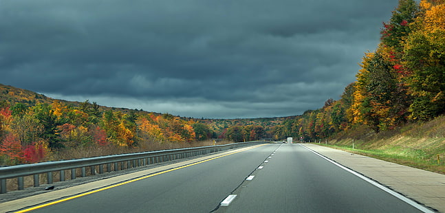 empty concrete road between trees under blue sky, Open, Lanes, empty, concrete road, trees, blue sky, Pennsylvania, Union County, Bald Eagle State Forest, Interstate 80, I-80, Appalachian Mountains, highway, foliage, clouds, overcast, autumn, creative commons, road, nature, tree, asphalt, forest, yellow, landscape, outdoors, rural Scene, travel, HD wallpaper HD wallpaper