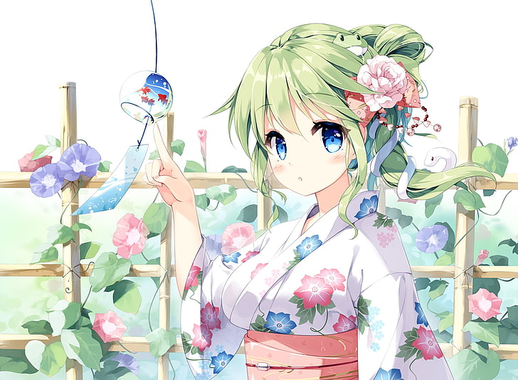 녹색 머리 여성 애니메이션 캐릭터 디지털 벽지, 동방, 고치 야 사나에, 녹색 머리, 파란 눈, 일본 기모노, HD 배경 화면